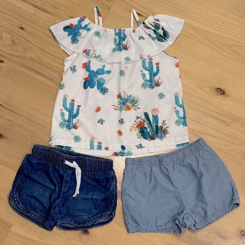 Cactus Cold Shoulder Ruffle Top w/ 2 Pairs Denim Shorts Carter's Cat & Jack 4T